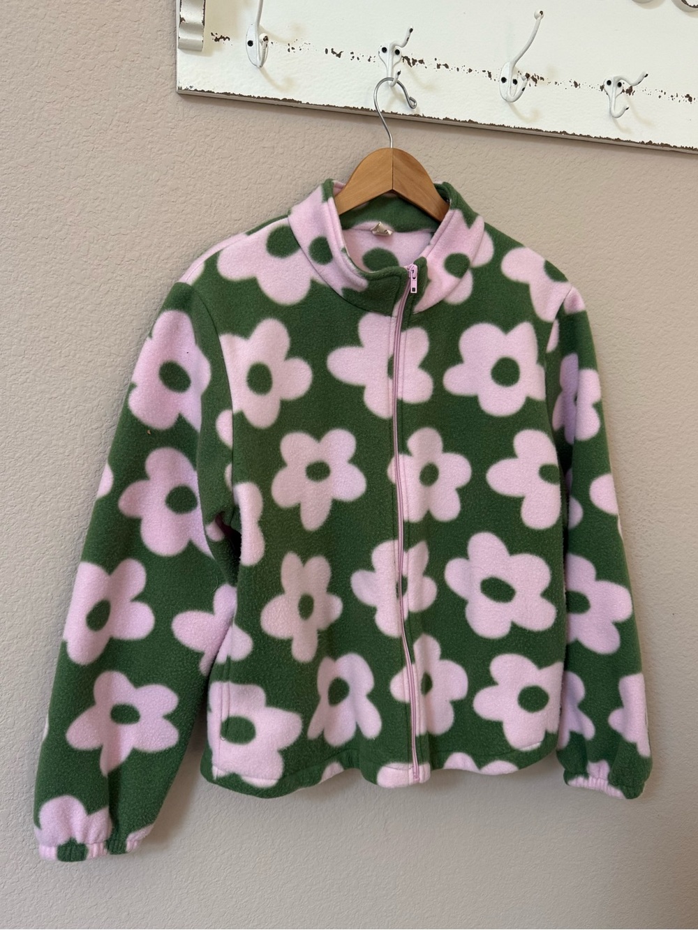 Olive Green & Pink Daisy Floral Full Zip Fleece Jacket XL